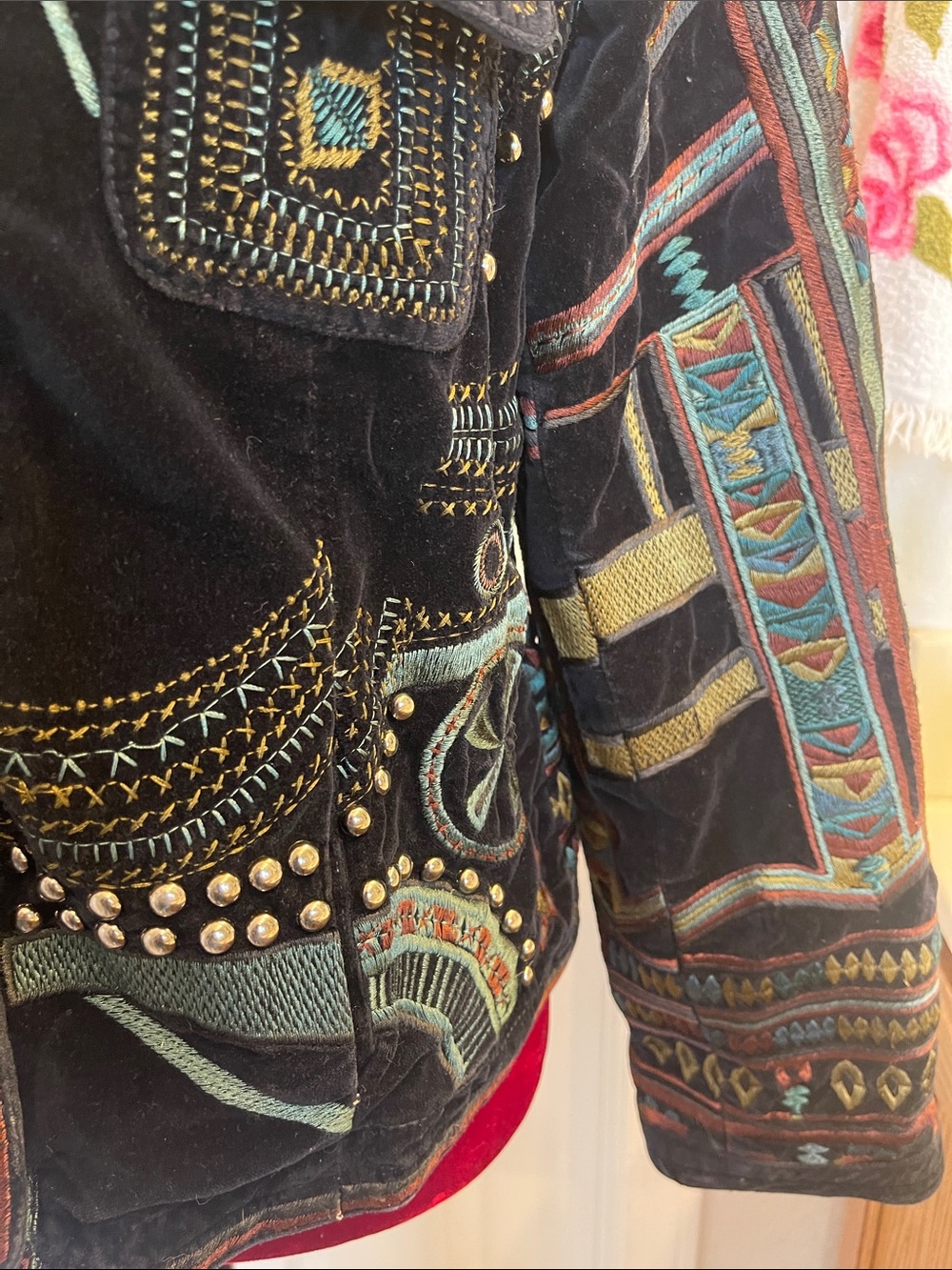 Johnny Was Black Velvet Bomber Jacket with Teal & Brown Embroidery - Picture 6 of 12